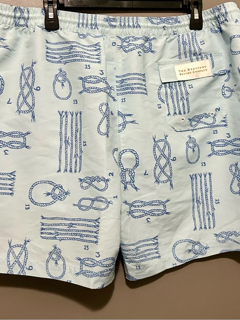 The Beaufort Bonnet Company Light Blue Swim Trunks with Navy Rope Knot Print